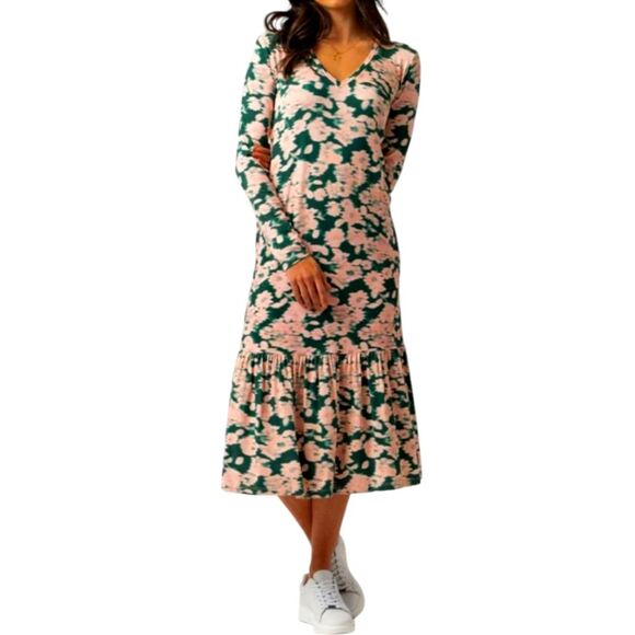 Saint + Sofia Dress Watercolor Midi Floral Green Pink Long Sleeve Stretch Knit 4 - Picture 1 of 13